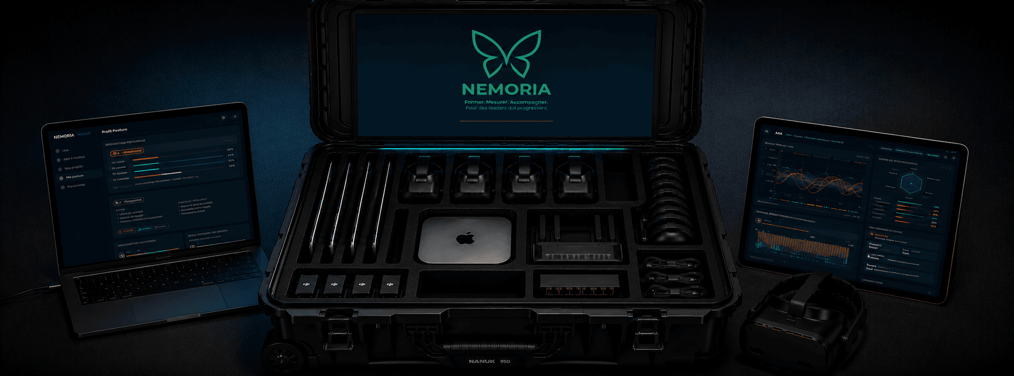 La mallette NEMORIA ouverte : casques XR, capteurs biométriques, serveur local Mac Mini, laptop et tablette avec le dashboard Insight